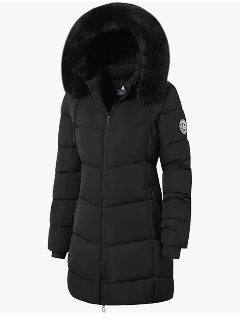Women's Black Long Puffer Coat with Faux Fur Hood